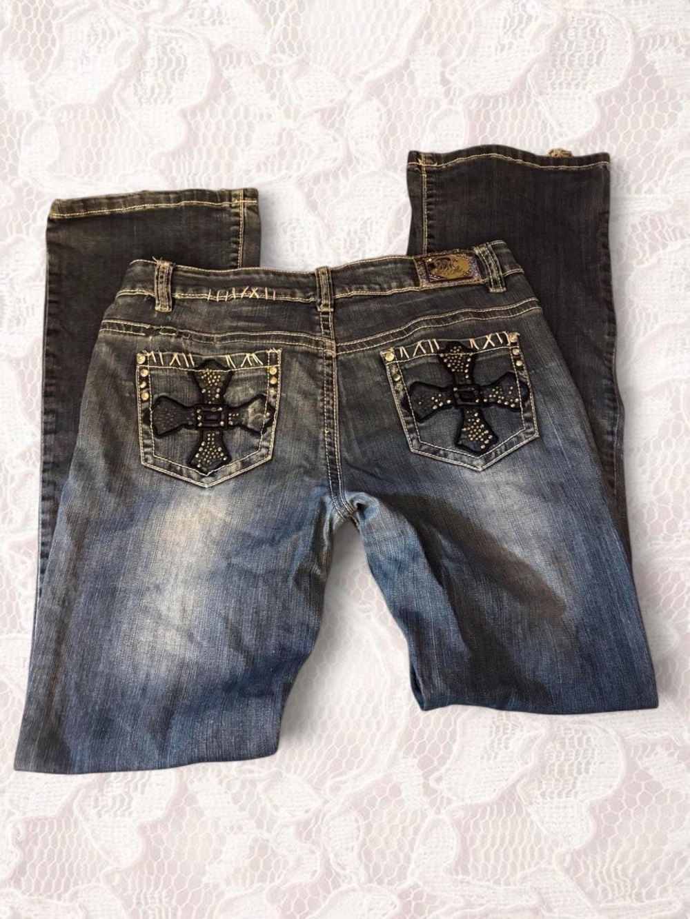 Miss Chic Jeans Dark Wash Flare Jeans with Studded Cross Pockets
